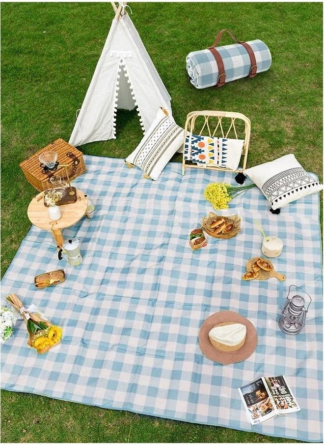 Picnic Blanket Portable Foldable and Waterproof Picnic Blanket with Carry Strap 200 * 200cm-（blue+white）