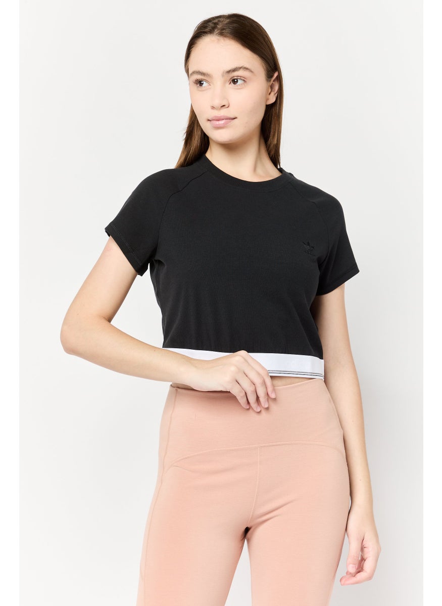 Women Sportswear Fit Short Sleeves Outdoor Tape Waistband T-Shirt, Black