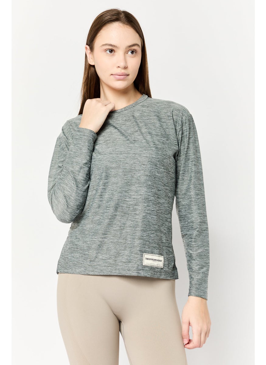 Women Crew Neck Long Sleeve Heather Open Back Top, Heather Olive