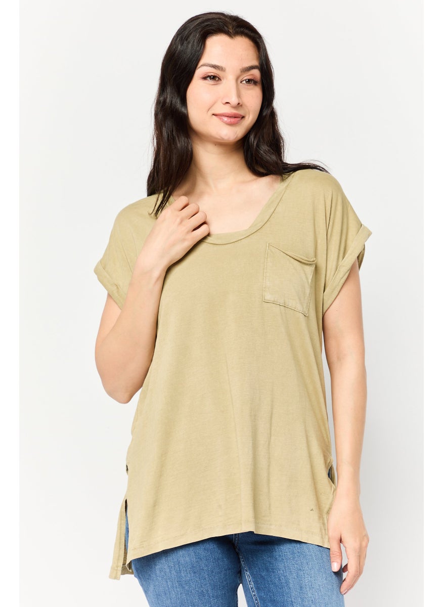 Women U Neck Cap Sleeves Vintage Top, Khaki