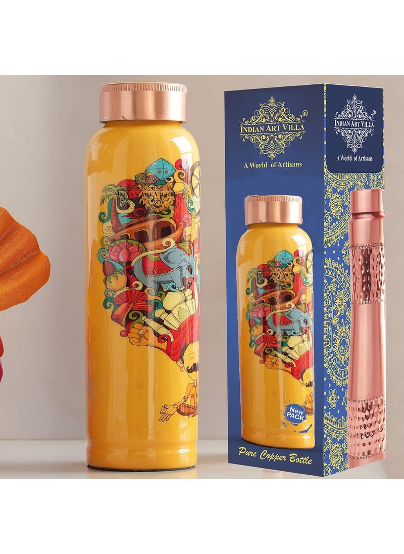 INDIAN ART VILLA Copper Water Bottle 900 ml Padharo Mhare Desh Theme Rajasthani Meena Printed Design Handcrafted 09 litre