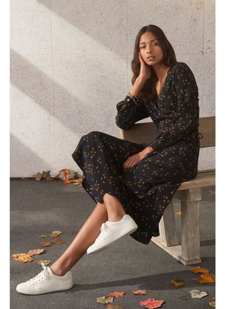 Women Allover Print Wrap Dress, Black Combo
