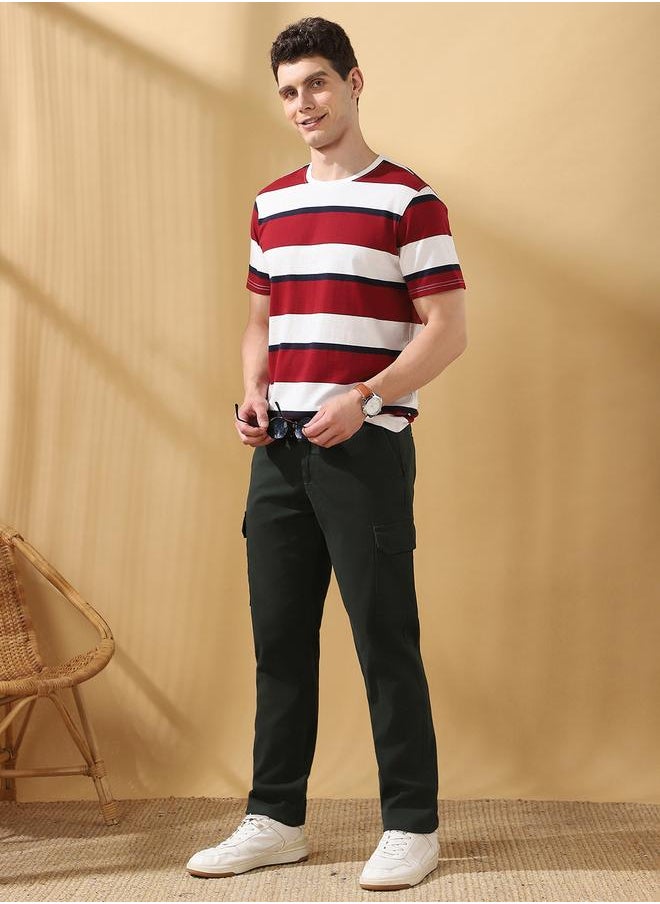 Straight Fit Solid Olive Green 98% Cotton 2 %Elastane Mid Rise Waist Full Length Woven Weave Cargo for Men with Button/Zip Closure -elevate your everyday fashion game effortlessly.