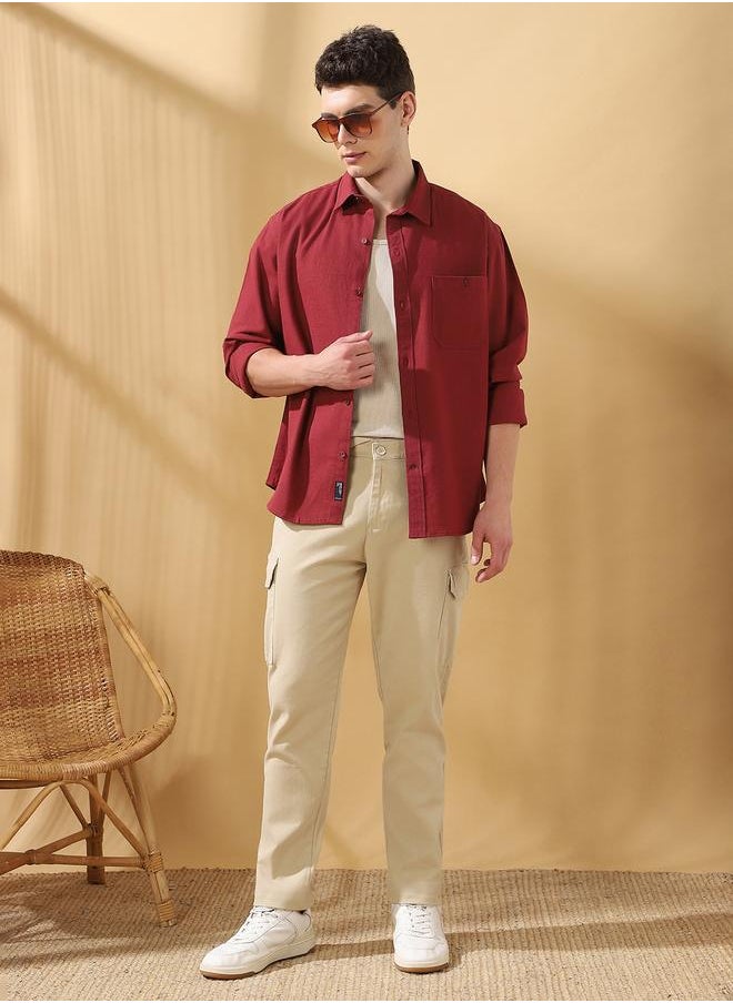 Straight Fit Solid Beige 98% Cotton 2 %Elastane Mid Rise Waist Full Length Woven Weave Cargo for Men with Button/Zip Closure -elevate your everyday fashion game effortlessly.