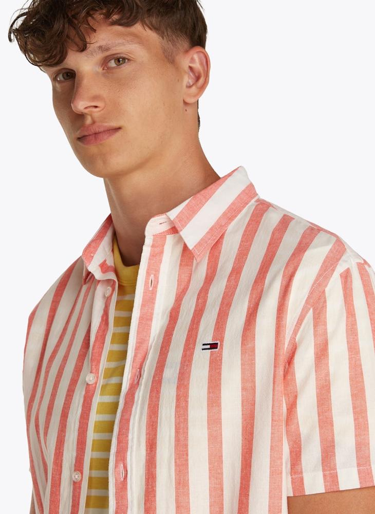 Regular Fit Linen Blend Stripe Short Sleeve Shirt