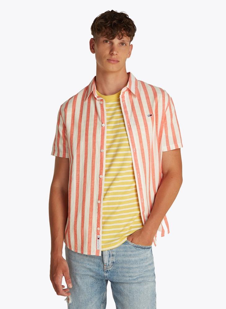 Regular Fit Linen Blend Stripe Short Sleeve Shirt