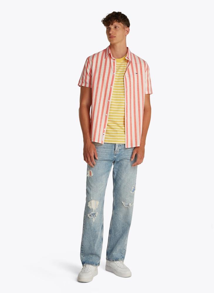 Regular Fit Linen Blend Stripe Short Sleeve Shirt