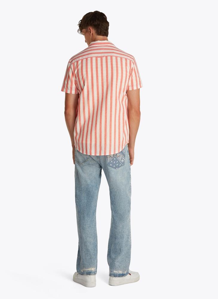 Regular Fit Linen Blend Stripe Short Sleeve Shirt