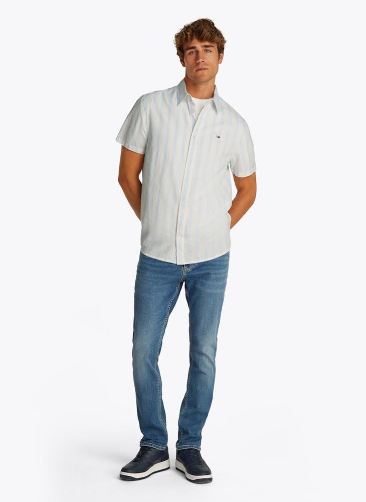 Regular Fit Linen Blend Stripe Short Sleeve Shirt