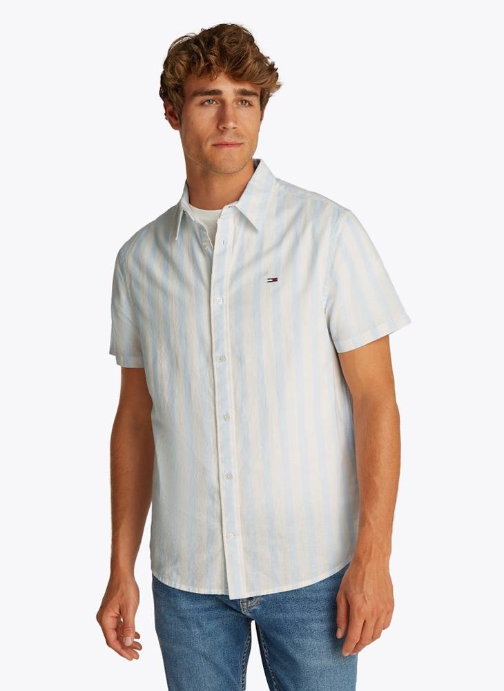 Regular Fit Linen Blend Stripe Short Sleeve Shirt