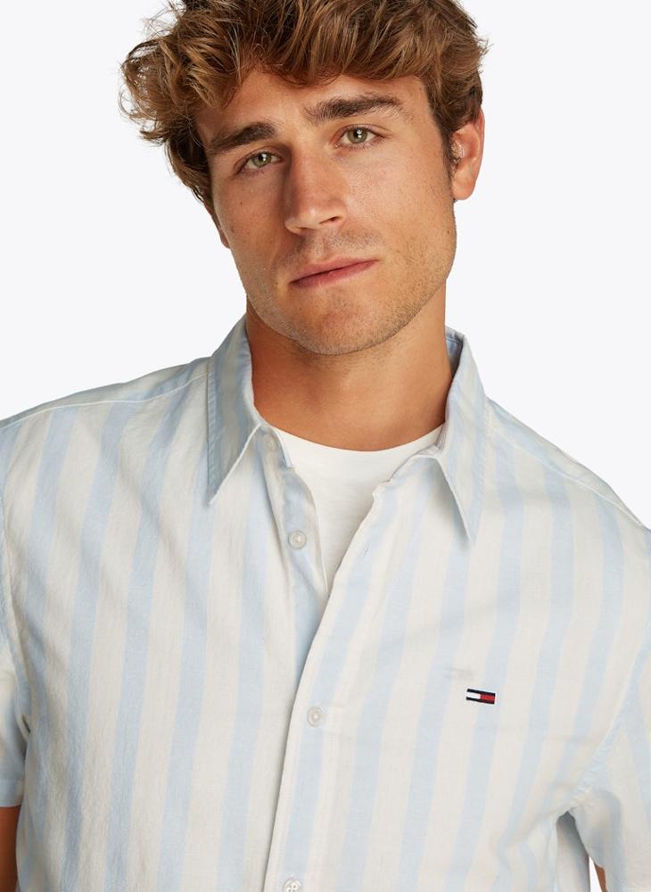 Regular Fit Linen Blend Stripe Short Sleeve Shirt