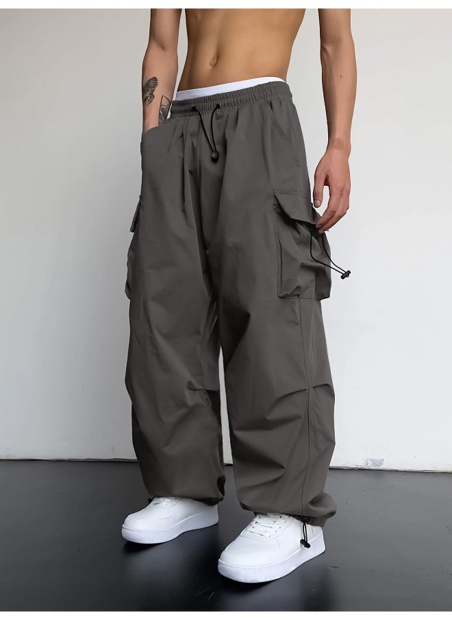 Maniac Men Solid Side Pockets Dark Grey Nylon fabric Baggy fit Cargo Pant