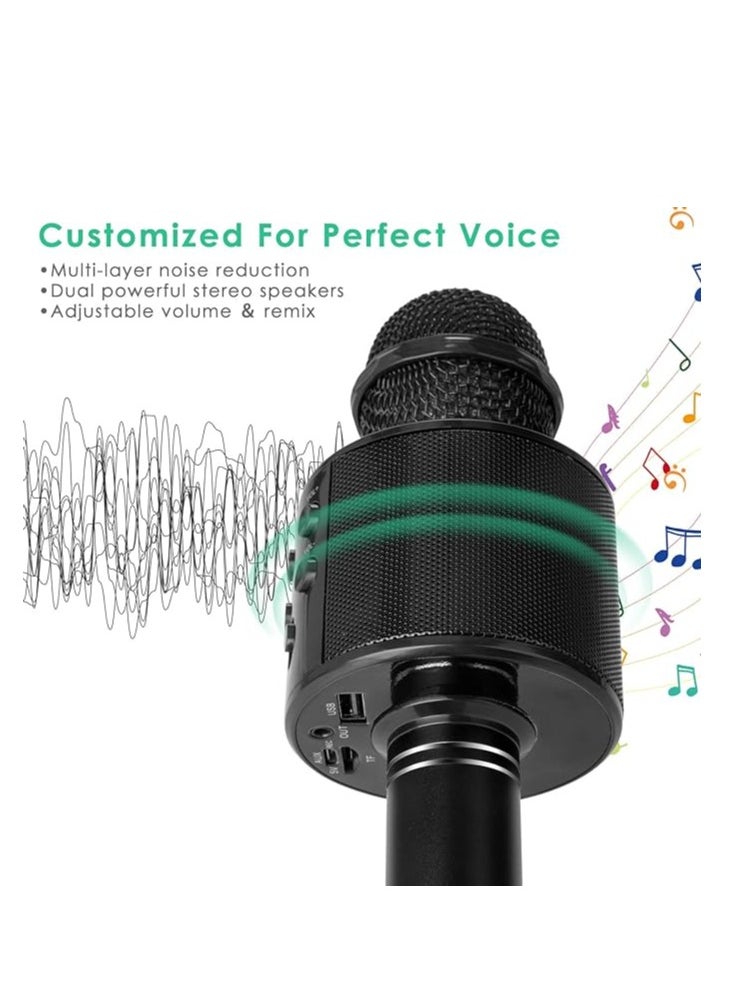 Wireless Bluetooth Karaoke Microphone for Kids and Adults, 5-in-1 Portable Handheld Karaoke Mic Speaker Player Recorder with Adjustable Remix FM Radio for Girls Boys Teens Adults