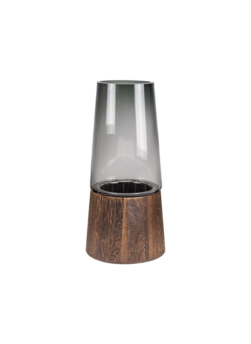 Gulf Flowers Glass Vase Wooden Style – 28cm Tall Grey Textured Glass Vase with Wooden Effect Design for Pampas, Floral Decor, Table Centerpieces & Modern Home Styling