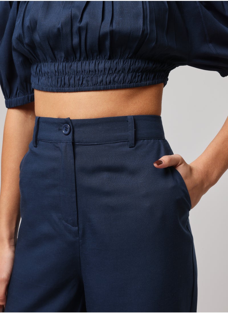 Ashita Fernandes Umang Trousers – Relaxed Tailored Fit, Breathable Linen-Lyocell Blend, Deep Navy Blue