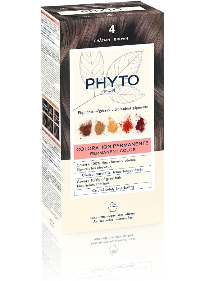 Phyto Phytocolor Permanent Natural Hair Color 4 Brown with Botanical Pigments, 100% Grey Hair Coverage, Ammonia-free, PPD-free, Silicone-free