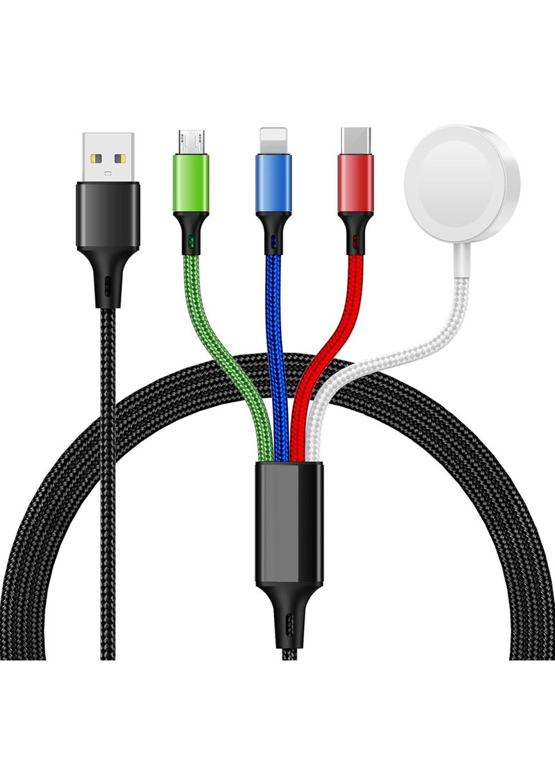4-in-1 Nylon Braided Multi Fast Charging Cord Multiple Charger,Magnetic Wireless iWatch Charger Braided USB C/Lightning/Micro Compatible with iWatch Series 10-1/iPhone 16 /15 14/Galaxy Android-4FT