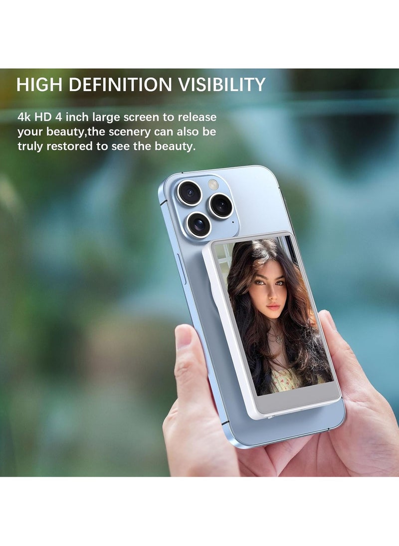 Vlog Selfie Monitor Screen for Smartphone Rear Camera -- 4-Inch Wireless Display with Magnetic Mount & Remote | Compatible with iPhone | Ideal for Vlogging, Live Streaming, Selfies & YouTube Content || Lightweight, Portable Monitor (White)