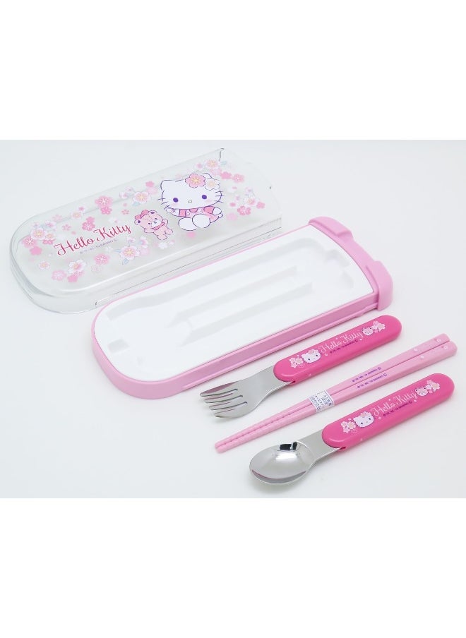 OSK CT-20 Hello Kitty Cutlery Set, Sakura, Pull, Trio, Chopsticks, Spoon, Fork, Made in Japan, Sliding, Dishwasher Safe, Easy to Use, For Girls, Children, Elementary School Students