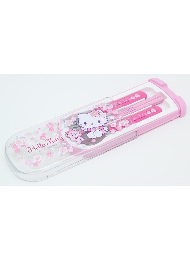 OSK CT-20 Hello Kitty Cutlery Set, Sakura, Pull, Trio, Chopsticks, Spoon, Fork, Made in Japan, Sliding, Dishwasher Safe, Easy to Use, For Girls, Children, Elementary School Students