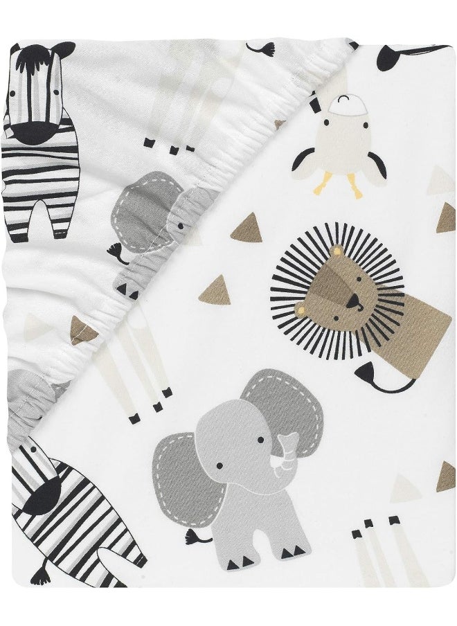 Lambs & Ivy Jungle Safari 100% Cotton White/Gray Elephant/Lion Fitted Crib Sheet