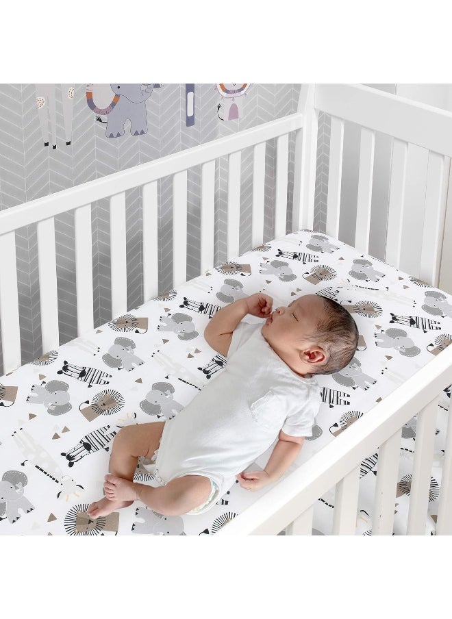 Lambs & Ivy Jungle Safari 100% Cotton White/Gray Elephant/Lion Fitted Crib Sheet