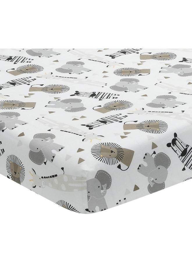 Lambs & Ivy Jungle Safari 100% Cotton White/Gray Elephant/Lion Fitted Crib Sheet