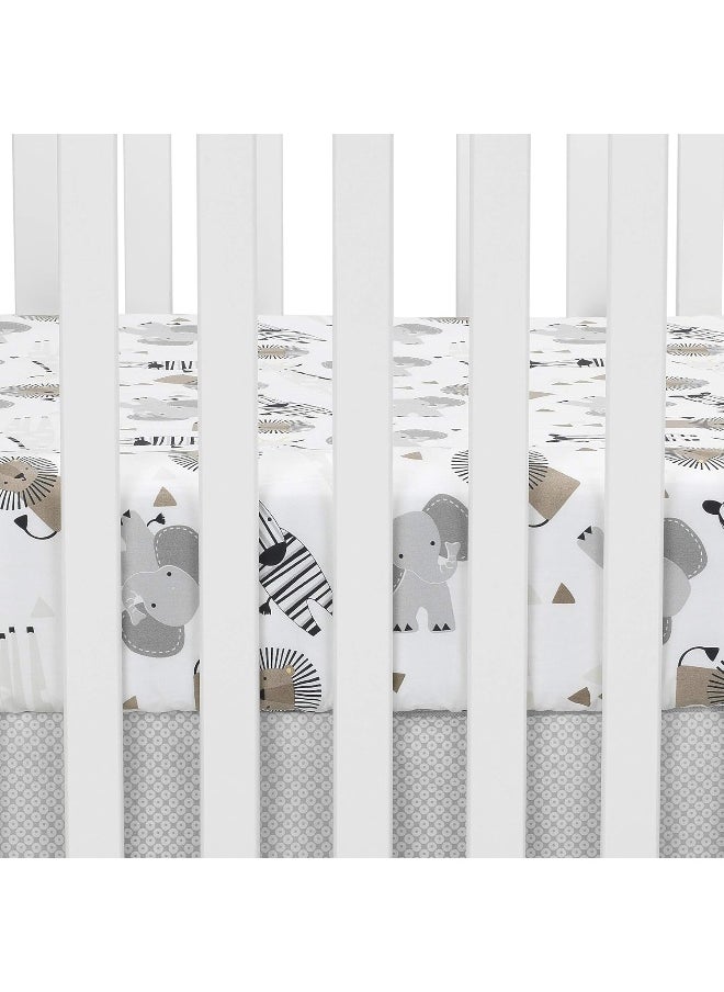 Lambs & Ivy Jungle Safari 100% Cotton White/Gray Elephant/Lion Fitted Crib Sheet