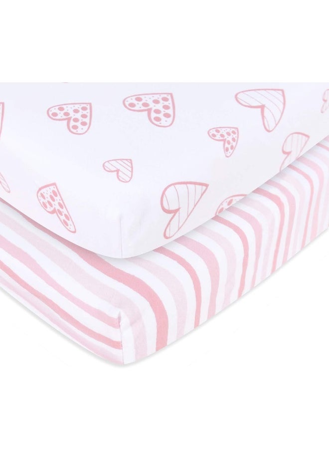 Biloban Crib Sheets Fitted, 2 Pack Crib Sheet Fits for Standard Crib and Toddler Mattress, 100% Jersey Knit Cotton Crib Sheet for Baby Boys & Girl, Pink Heart Stripes