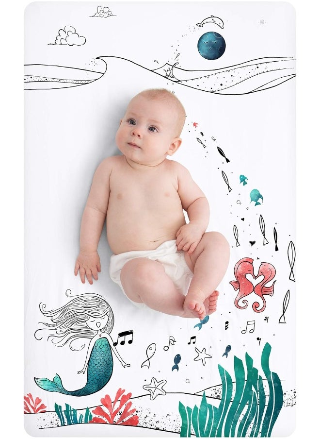 JumpOff Jo - Fitted Mini Crib Sheet for Portable Crib, Playard, and Playpen Mattresses and Mats, Super Soft 100% Cotton, 24 in. x 38 in. - Moonlight Mermaid
