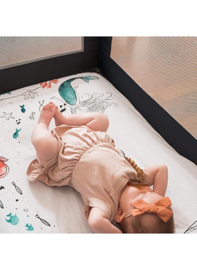 JumpOff Jo - Fitted Mini Crib Sheet for Portable Crib, Playard, and Playpen Mattresses and Mats, Super Soft 100% Cotton, 24 in. x 38 in. - Moonlight Mermaid