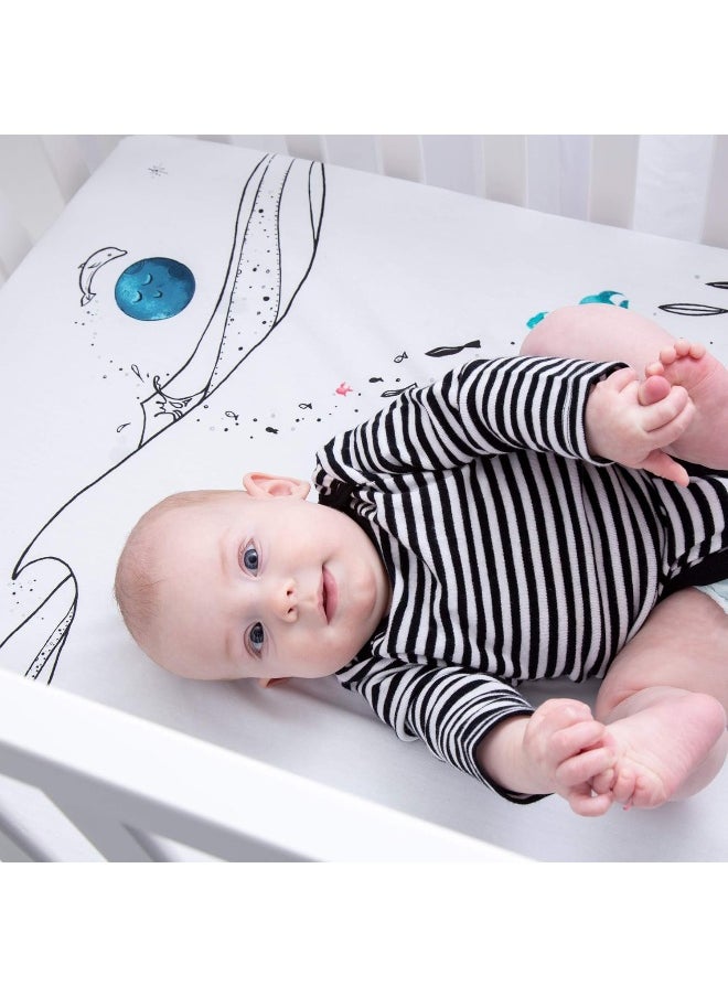 JumpOff Jo - Fitted Mini Crib Sheet for Portable Crib, Playard, and Playpen Mattresses and Mats, Super Soft 100% Cotton, 24 in. x 38 in. - Moonlight Mermaid