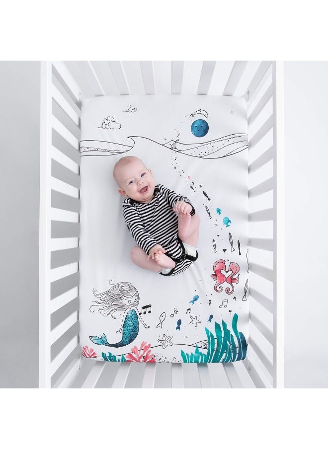 JumpOff Jo - Fitted Mini Crib Sheet for Portable Crib, Playard, and Playpen Mattresses and Mats, Super Soft 100% Cotton, 24 in. x 38 in. - Moonlight Mermaid
