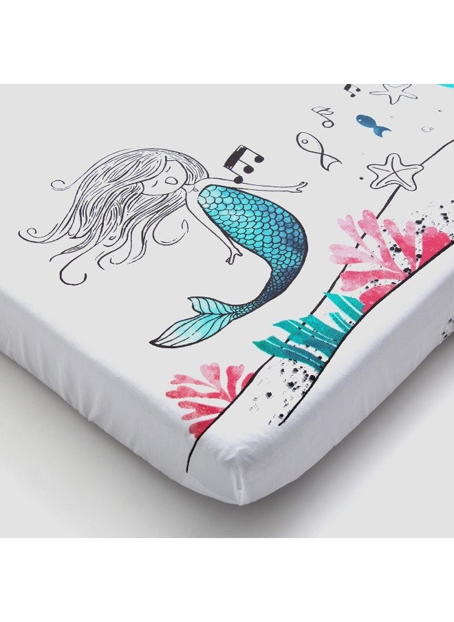 JumpOff Jo - Fitted Mini Crib Sheet for Portable Crib, Playard, and Playpen Mattresses and Mats, Super Soft 100% Cotton, 24 in. x 38 in. - Moonlight Mermaid