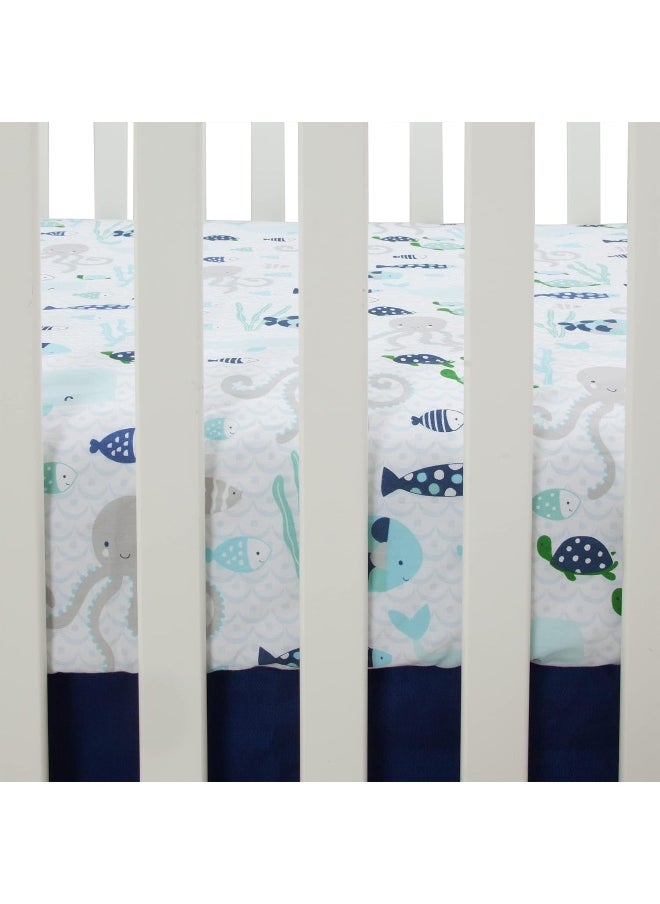 Lambs & Ivy Oceania 100% Cotton Fitted Crib Sheet - White with Blue Nautical/Aquatic Fish and Octopus