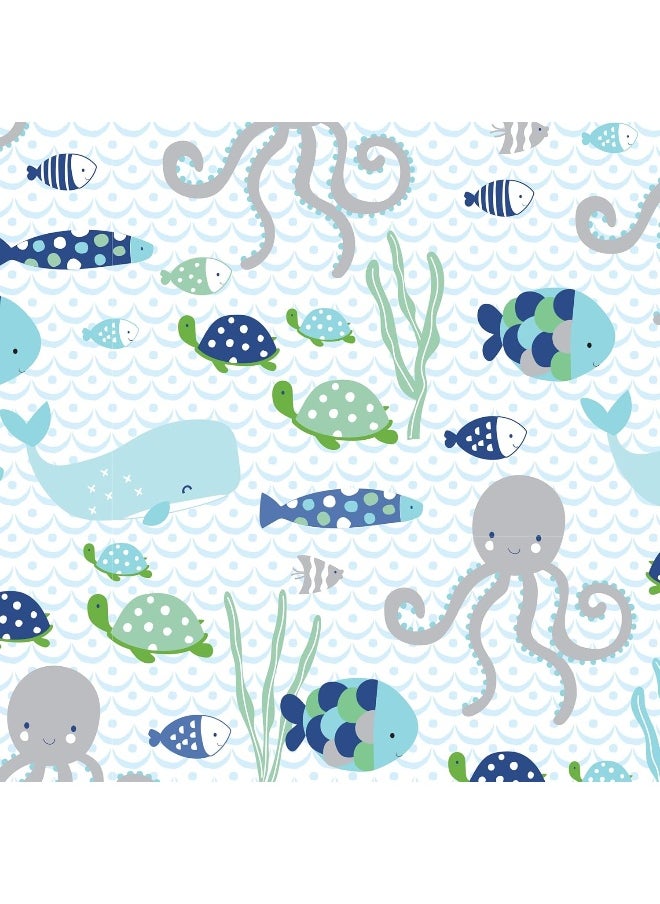Lambs & Ivy Oceania 100% Cotton Fitted Crib Sheet - White with Blue Nautical/Aquatic Fish and Octopus