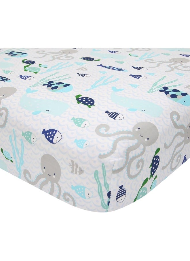 Lambs & Ivy Oceania 100% Cotton Fitted Crib Sheet - White with Blue Nautical/Aquatic Fish and Octopus