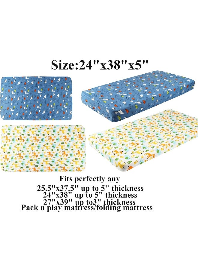 Dinosaur Pack n Play Stretchy Fitted Playard Sheet Set 2 Pack Jersey Knit Ultra Soft Portable Mini Crib Sheets for Baby Boy Girl Elephant Giraffe Frogs