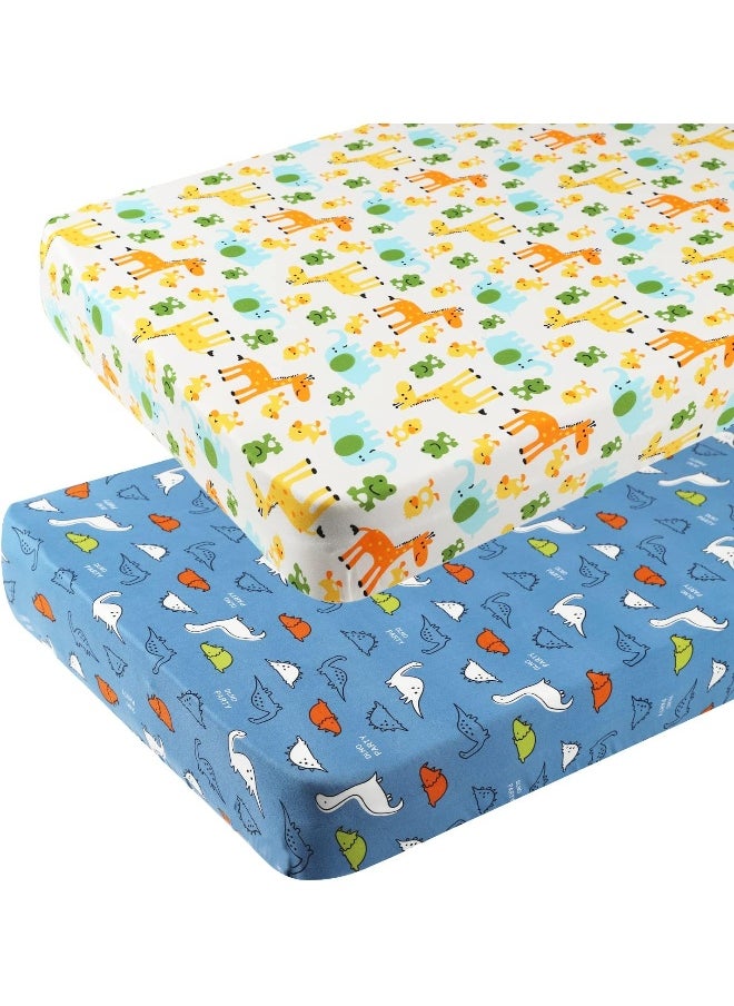 Dinosaur Pack n Play Stretchy Fitted Playard Sheet Set 2 Pack Jersey Knit Ultra Soft Portable Mini Crib Sheets for Baby Boy Girl Elephant Giraffe Frogs