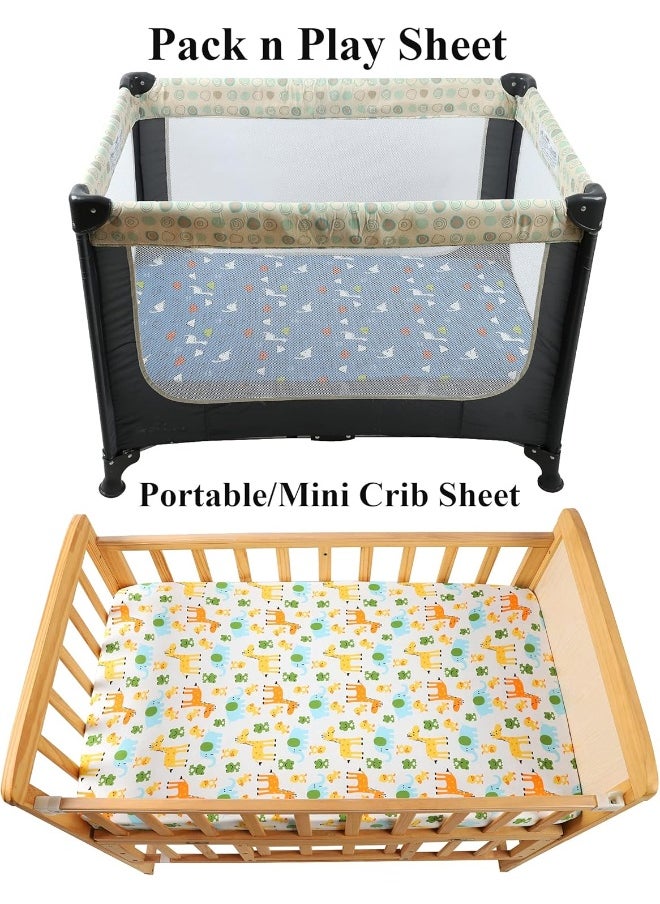 Dinosaur Pack n Play Stretchy Fitted Playard Sheet Set 2 Pack Jersey Knit Ultra Soft Portable Mini Crib Sheets for Baby Boy Girl Elephant Giraffe Frogs