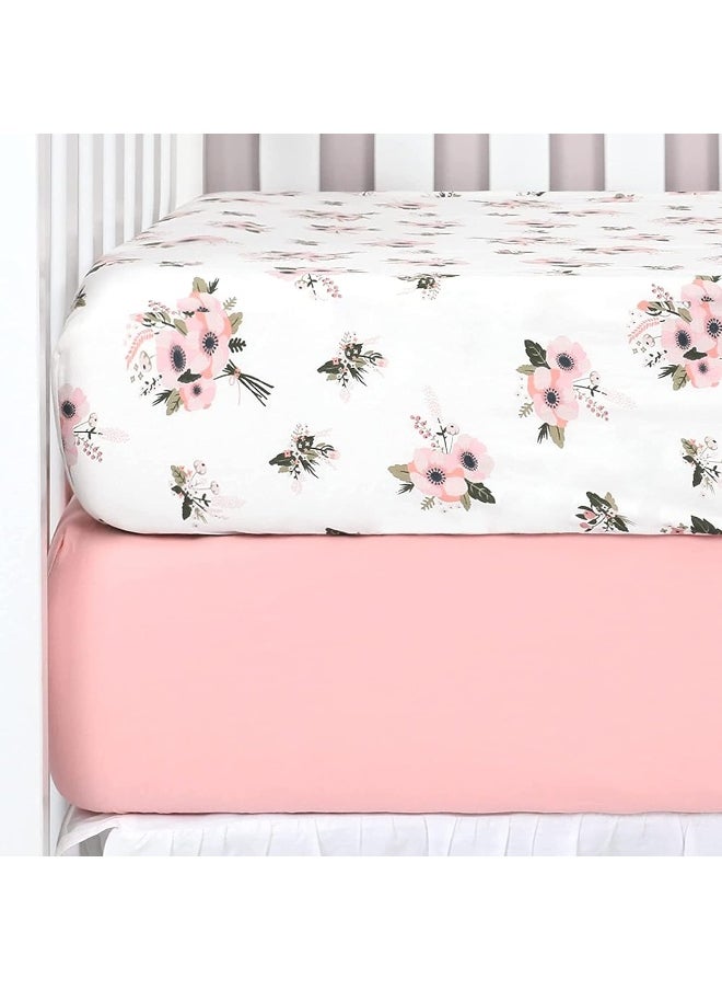 TILLYOU Printed Floral Crib Sheets Set, 100% Egyptian Cotton Toddler Sheet Set for Baby Girls, Soft Breathable Hypoallergenic, 28