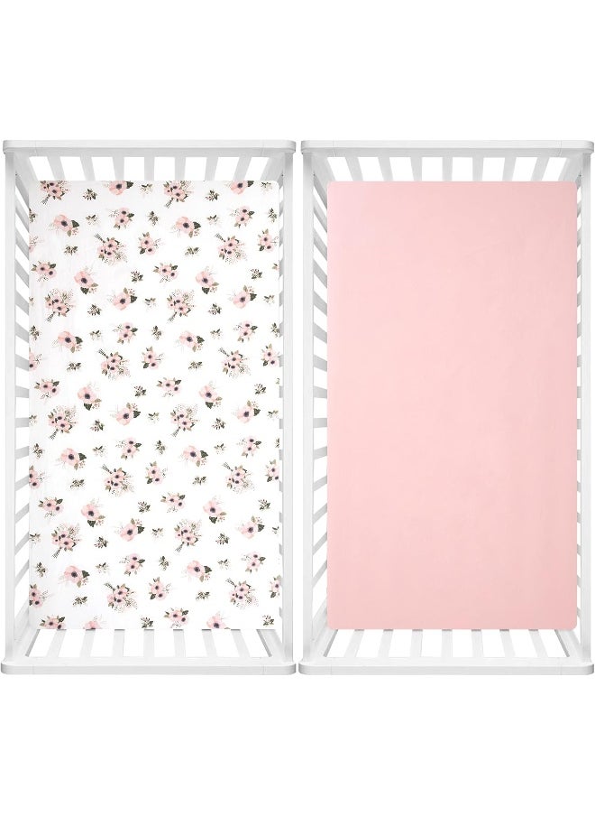 TILLYOU Printed Floral Crib Sheets Set, 100% Egyptian Cotton Toddler Sheet Set for Baby Girls, Soft Breathable Hypoallergenic, 28