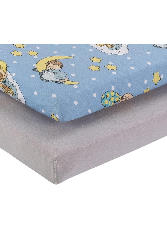 2 Pack n Play Mattress Sheets – 100% Jersey Knit Cotton Soft Portable Crib Mattress Sheet for Boys with Blue and Yellow Precious Moments Design
