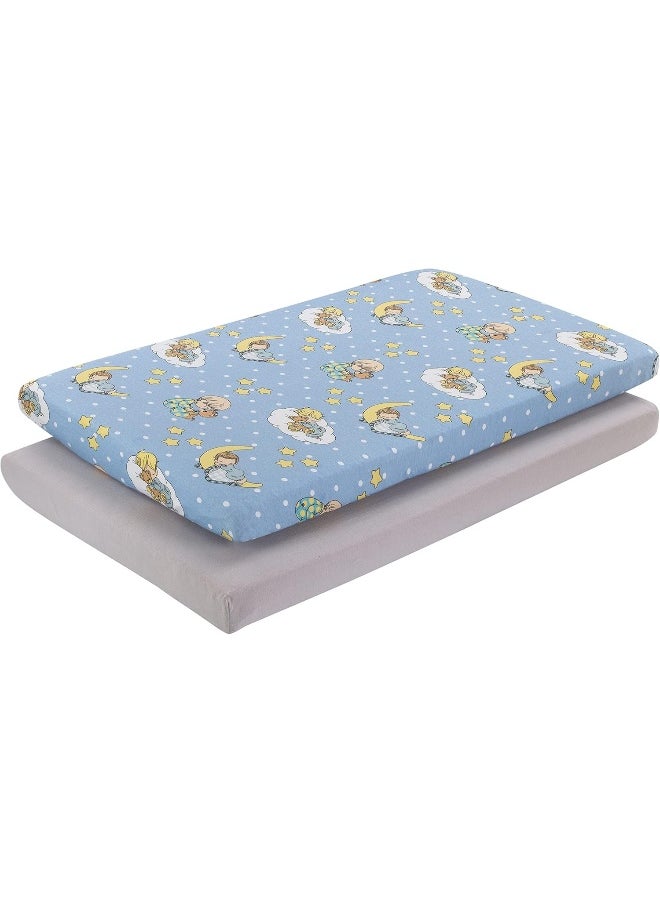 2 Pack n Play Mattress Sheets – 100% Jersey Knit Cotton Soft Portable Crib Mattress Sheet for Boys with Blue and Yellow Precious Moments Design