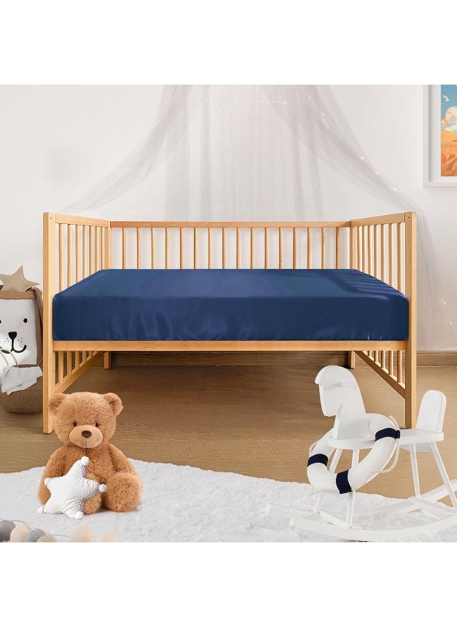 Pro Goleem Satin Soft Crib Sheet Great for Baby with Sensitive Hair Silky Baby Mattress Sheet Navy Blue 52’’x28’’x8’’ Fitted Sheet for Boys and Girls