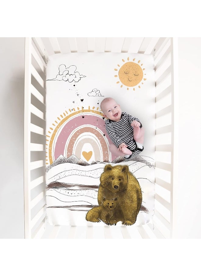 JumpOff Jo - Fitted Mini Crib Sheet for Portable Crib, Playard, and Playpen Mattresses and Mats, Super Soft 100% Cotton, 24 in. x 38 in. - Rainbow Bears
