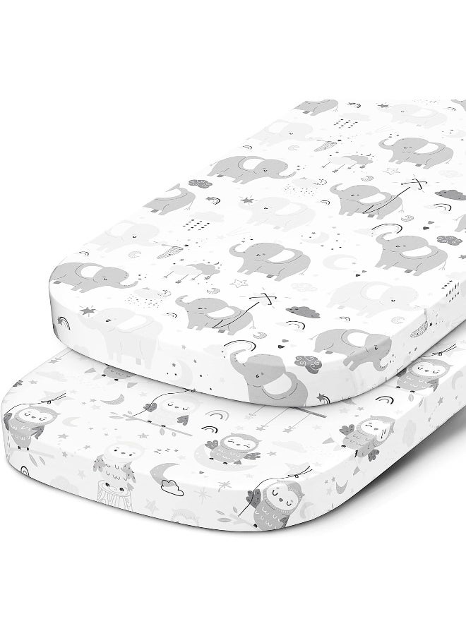 Joey + Joan Bassinet Fitted Sheets for Baby Beside Dreamer Bassinet & Bedside Sleeper – Snuggly Soft 100% Jersey Cotton – 2 Pack – Grey Elephants, Cloud, Stars, Moon, Owl
