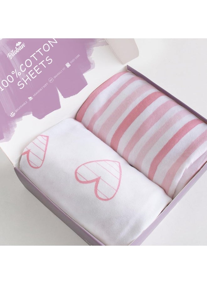 Biloban Bassinet Sheets Compatible with Newton, Li'l Pengyu, BCOL, Bold and QUTANIX Baby Bassinet Bedside Sleeper, 2 Pack 100% Cotton Bassinet & Bedside Sleeper Sheets, Pink and White Print for Baby
