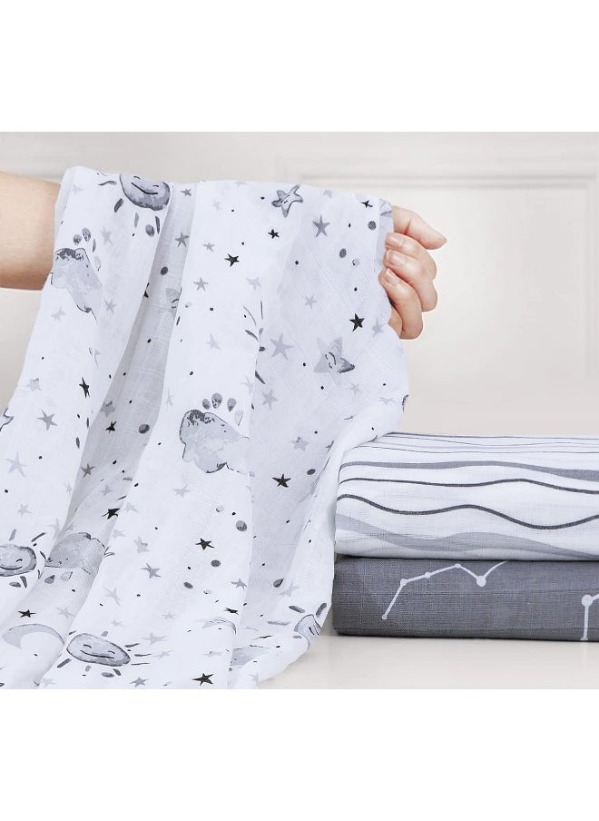 Little Grape Land Muslin Swaddle Blankets, 100% Cotton Large Size Baby Receiving Blankets, Soft Breathable Baby Blankets for Newborns, Grey, 47''x47'', 3 Pack, Stars/Grey