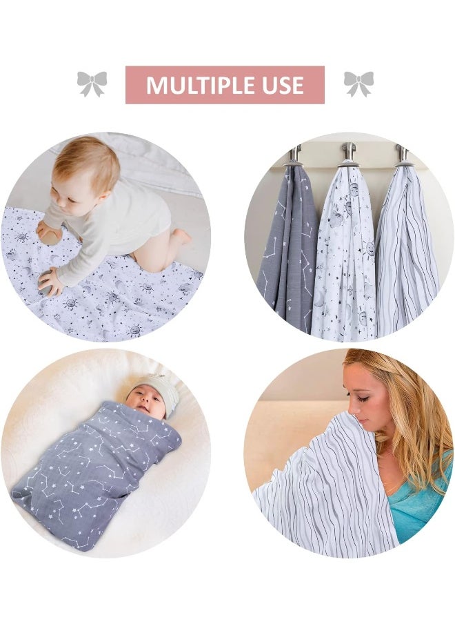 Little Grape Land Muslin Swaddle Blankets, 100% Cotton Large Size Baby Receiving Blankets, Soft Breathable Baby Blankets for Newborns, Grey, 47''x47'', 3 Pack, Stars/Grey